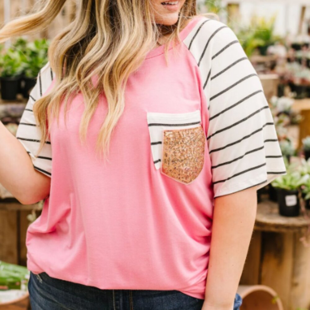 Haptics Pink T Shirt Striped Sleeves Sequin Pocket